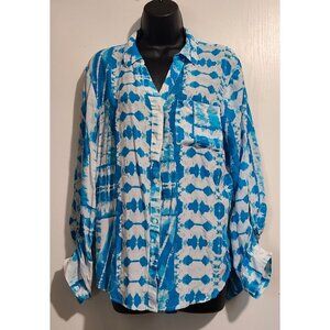 EST 1946 Long Roll Tab Sleeve Button Up Blouse Blue White Tie Dye Size L